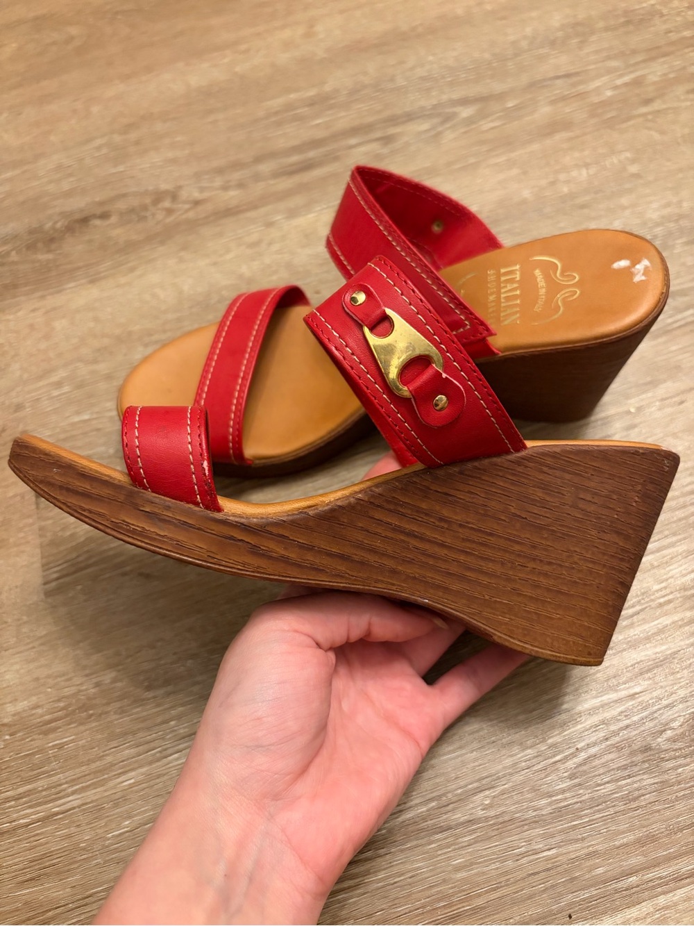 Red Leather Wedge Sandals with Gold Accent - Italian Shoemakers